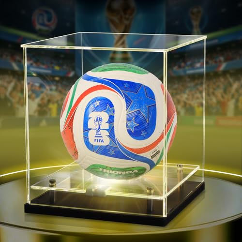 Naconmlet Soccer Ball Display Case with LED Light - Fits Official Size 5 Soccer & Basketball UV Protected Premium Acrylic Showcase Box with Stainless Steel Stand for Autographed Memorabilia