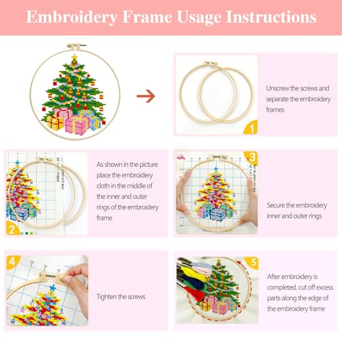 Image of Zhenqing Christmas Tree & Bells Cross Stitch Kit with Hoop - 11CT Pre-Printed 24x24cm Fabric & Complete Tools for Beginners (68321)