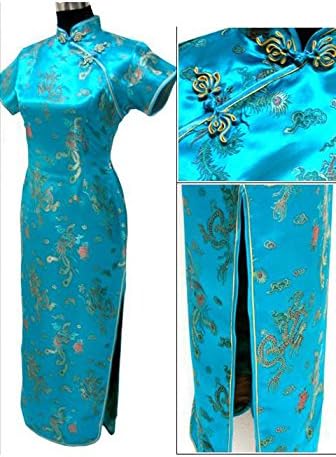 7Fairy Women's VTG Turquoise Dragon Long Chinese Dress Cheongsam Size - Image 2