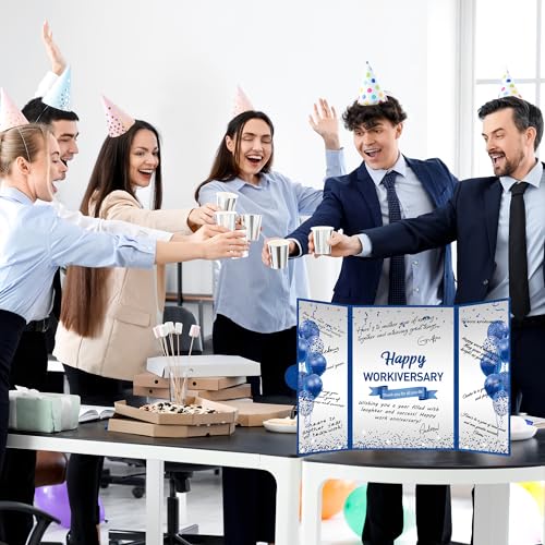 Image of DARUNAXY Blue Silver Happy Workiversary Party Decorations, Navy Blue Happy Work Anniversary Alternative Signature Guest Book for Men Women Employee Business Gifts Signing Card Board for Office Supply