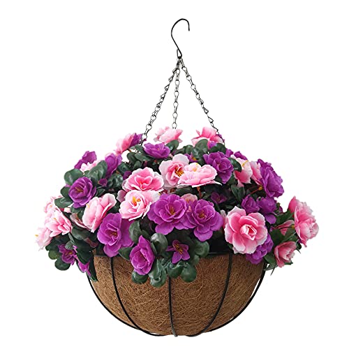 Home Accessories Pink Purple Rhododendron DIY Artificial Flowers Azalea Fake Silk Flowers Cute Chain Hanging Basket Flower Pot Indoors And Outdoors (Big Basket)