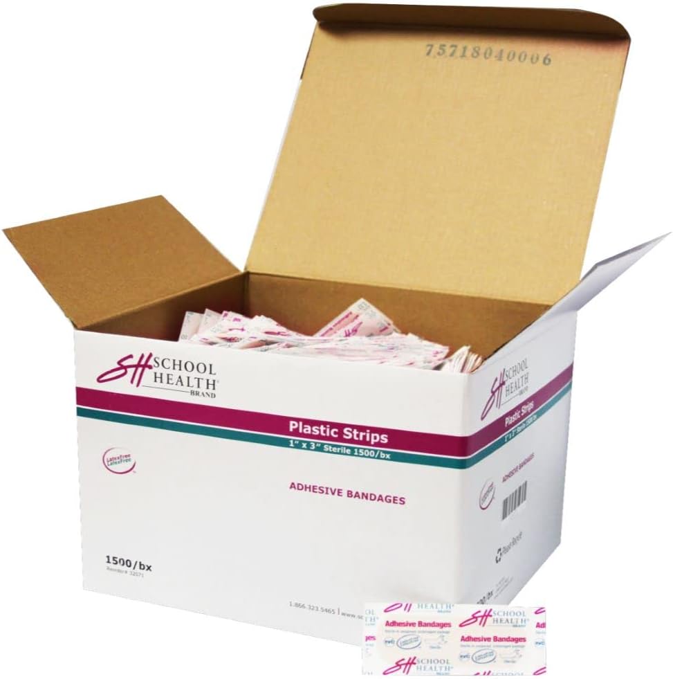 School Health – Adhesive Bandages, Comfortable Form-Fitting Protection & Wound Care for Minor Cuts and Scrapes, Premium Adhesive Stays Secure with Movement or Perspiration, Plastic, 1″ x 3″ 1500/Box School Health – Adhesive Bandages, Comfortable Form-Fitting Protection & Wound Care for Minor Cuts and Scrapes, Premium Adhesive Stays Secure with Movement or Perspiration, Plastic, 1″ x 3″ 1500/Box