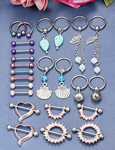 Vsnnsns 12 Pairs 14G Nipple Piercing Jewelry Surgical Steel Cubic Zirconia Nipple Rings Skull Nipple Piercing Jewelry for Women Men 14 Gauge Silver Black Rainbow Rose Gold3