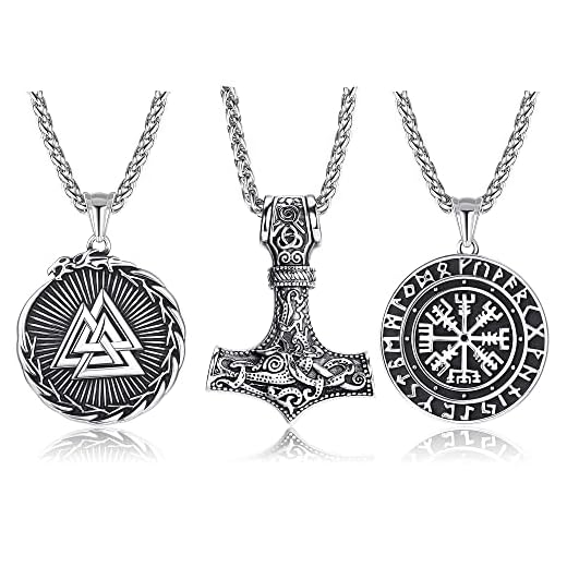 JeweBella 3 PCS Colgante Vikingo Collares Hombre Martillo Thor Brújula Valknut Acero Inoxidable Collares Mjolnir Hammer Collares de Amuleto Vikingo con Brújula Runas Nórdico Collar Vikingos Joyería