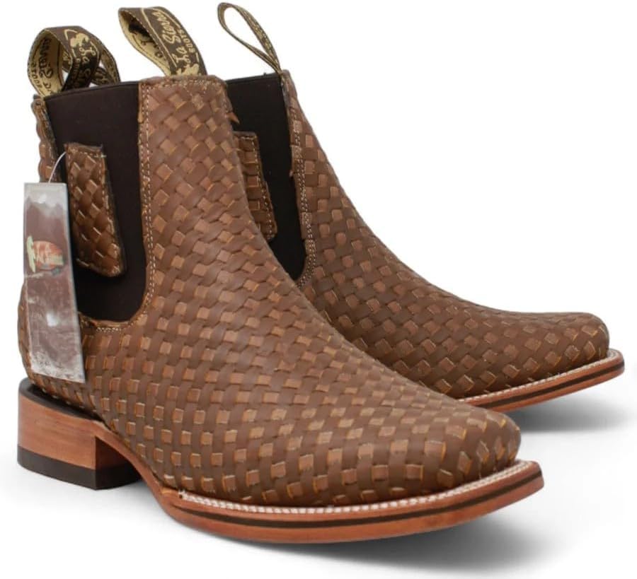 Men's Genuine Premium Petatillo Leather Short Ankle Square Toe Cowboy Western Boots - Chelsea Rodeo Handcrafted - Bicolor (Tan & Brown)