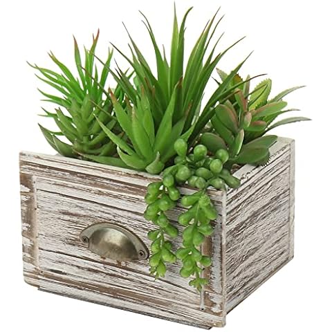 Artificial Succulent Potted Planter with Wooden Rustic Box Arrangement Assorted Faux Aloe Pearls Plant in Square Wood Pot Cover