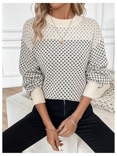 Image of MakeMeChic Women's Color Block Houndstooth Oversized Sweater Long Sleeve Crew Neck Knit Pullover Top Multicolor Large