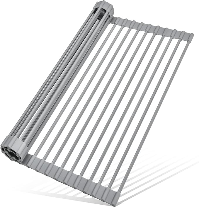 Escurreplatos enrollable resistente al calor, antideslizante, de acero recubierto de silicona, plegable, escurridor de fregadero de cocina, multiusos, diseño de ahorro de espacio.
