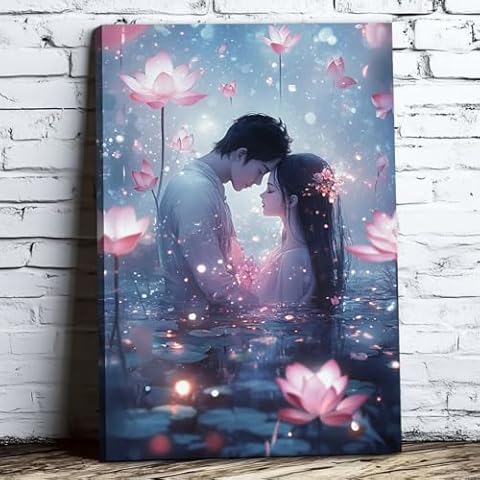1pc Wooden Framed Canvas Prints Abstract Artwork Flower Glowing Surrounded Couple Artworks Gifts For Men Home Decor Framed 12x18inch Framed Cover