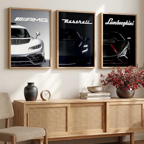 Image of kotart Big Lamborghini Maserati Mercedes AMG Cars Framed Posters Gift Items for Boys Room Wall Decoration Bedroom Living Room Office Studio Decor | Car Poster Frame for Wall Decor Set Of 3 Size (35x37 Inch)