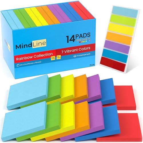 14 Pack Sticky Notes 3x3 Inches - Rainbow Colors Self-Stick Pads - Strong Adhesion, Smooth Writing, No Residue - Easy to Post for Home, Office, School - 72 Sheets/Pad - MindLine