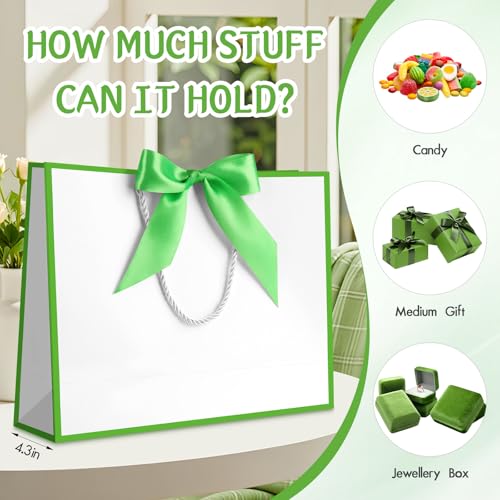 Image of JMANNI Gift Bags with Handles, 13 inch Medium Gift Bag for Presents, 1 Pcs Bags with 2 Tissue Paper and 1 Cards for Baby Shower Wedding Bridal Shower Mother's Day Birthday Party (White-Green