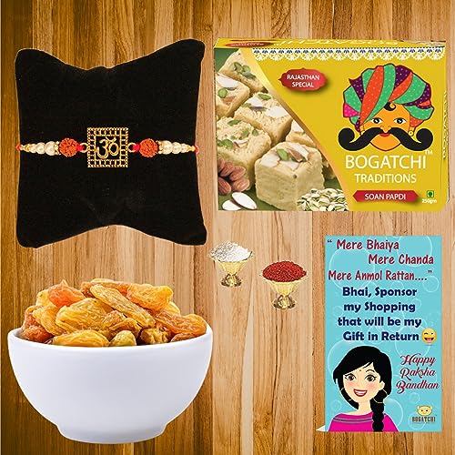 BOGATCHI-Complete-Rakhi-Gift-Hamper-Sweets-and-Dry-Fruits-Best-Gift-for-Brother-Traditional-Soan-Papdi200g-Natural-Raisins-75g-Free-Rakhi-Greeting-Card-Free-Rakhi-Roli-Chawal