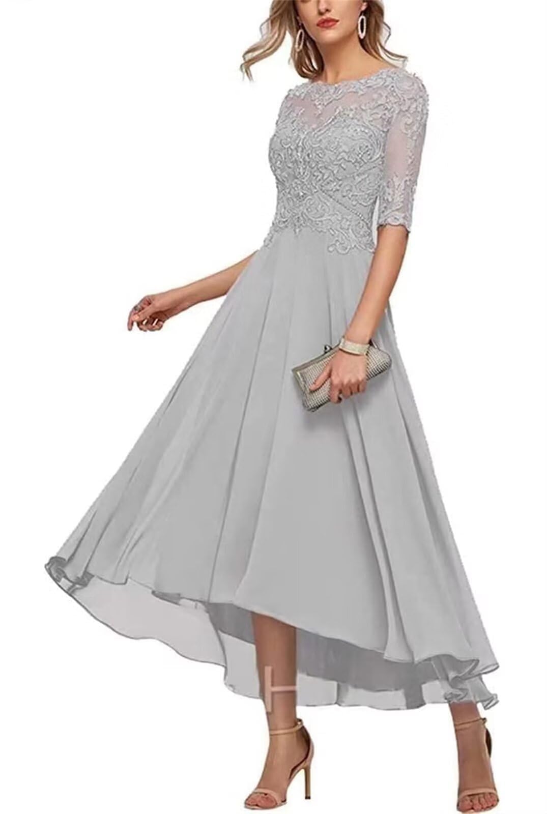KIYNE Lace Applique Mother of the Bride Dresses for Wedding Party Chiffon A Line Silver Tea Length Formal Party Gown Long UK18