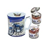 Taza blanca de la porcelana para el té o el café. Presentado en una caja de lata muy bien impresa hucha para monedas. Es un excelente contenedor para ahorrar dinero.