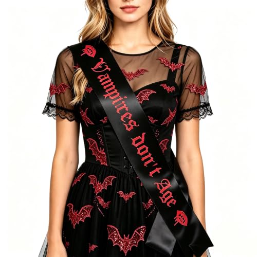 JOYMEMO Vampires Don‘t Age Birthday Sash Red Black Glitter