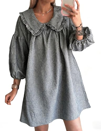 Image of Ynhonra Women's Gingham Mini Dress 3 /4 Puff Sleeve Babydoll Doll Collar