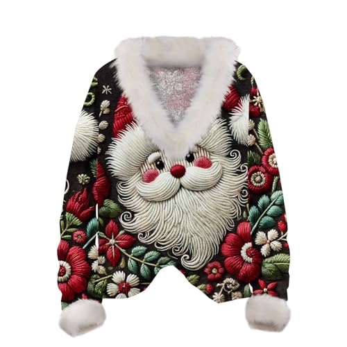 Suéter verde de Navidad para mujer con cuello de pelo sudadera Papá Noel invierno 3