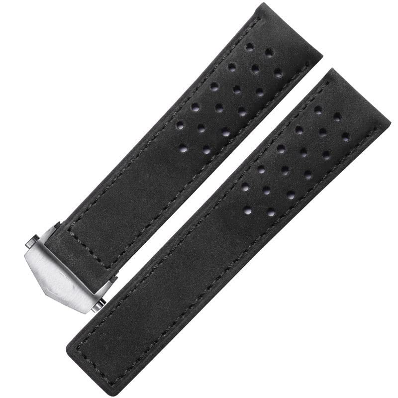Genérico Correa De Piel Auténtica, Cierre Desplegable, 20 Mm/22 Mm, Piel De Vacuno Italiana, Talla única, Ajustable (Black Silver 20mm)