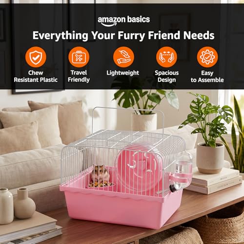 Image of Amazon Basics Hamster, Gerbil, Guinea Pig Cage and Playhouse | Pink | Spacious for Small Pets|Plastic | Double Story with Slide, Exercise Wheel and Feeding Bottle | LxWxH- 23x 17x 25 Cm
