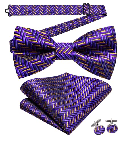 Image of Dubulle Mens Paisley Striped Bowtie Set Pre-tied Bowtie for Men and Pocket Square Set Wedding Business