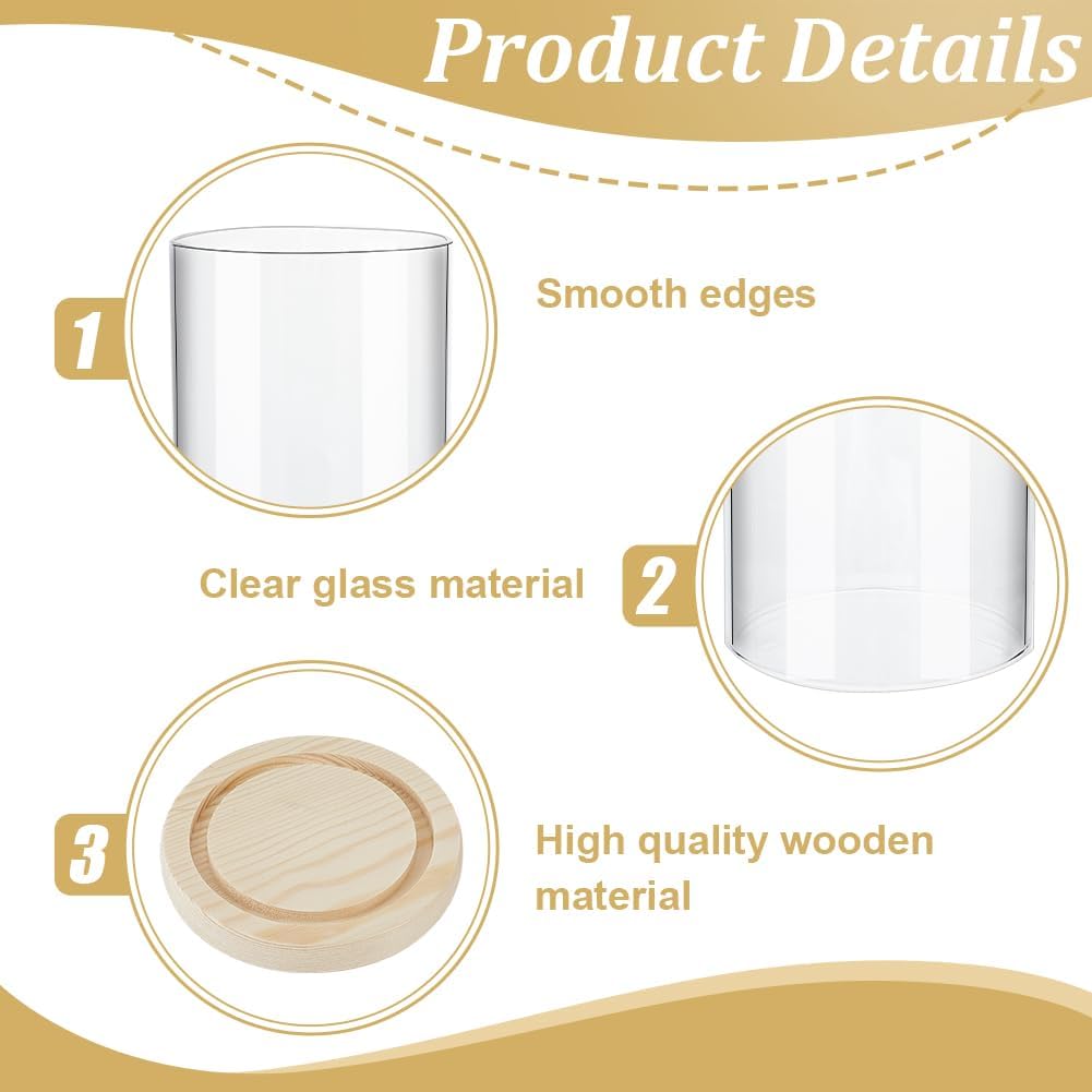 WEBEEDY 2 Sets Clear Glass Pillar Candle Holder Hurricane Candle Holder with Wood Tray 2 Sizes Classic Cylindrical Windproof Design for Wedding Christmas Table Decor Party Centerpiece Home Decoration