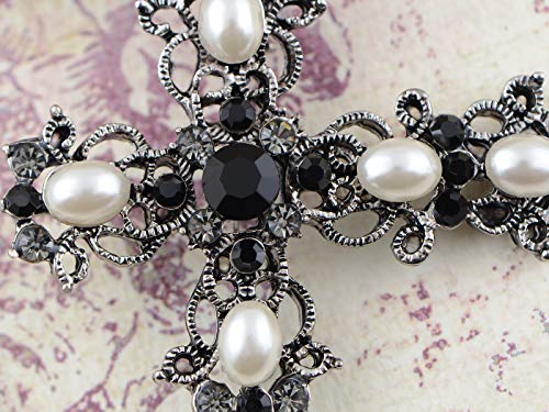 Alilang Antique Gunmetal Tone Faux Pearls Black Rhinestones Pastel Holy Cross Brooch Pin Pendent3