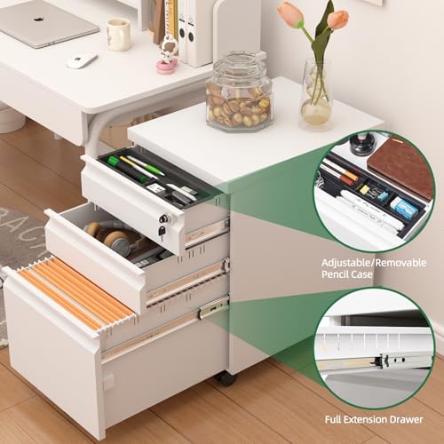 Image of 3 Drawer File Cabinet, Metal Printer Stand with Roling Caster, Under Desk Storage for Home Office, File Cabinet with Lock, No Assembly Required, White