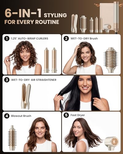Image of MESCOMB 6 in 1 Wet to Dry Air Straightener & Blow Dryer, 1500W Hot Air Styler Wrap, Fast Drying Blowout Brush with Negative Ion Care for Smoothing, Curling, Volumizing and Frizz Control