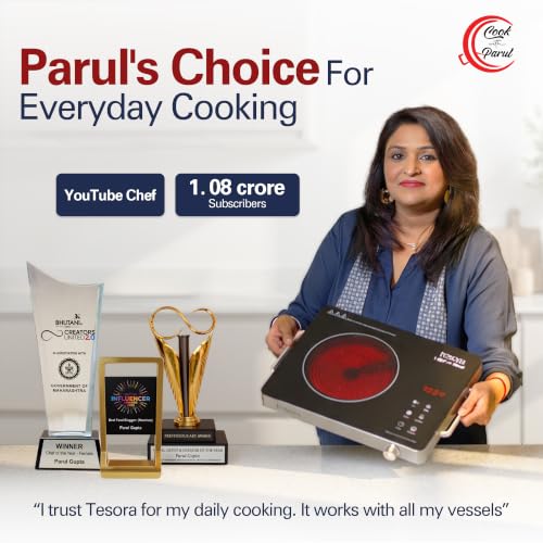 Image of Tesora Infrared Cooktop 2200W by Cook with Parul | Works with All Cookware | Jog Dial + Digital Display | 4 Preset | Grill Rack | Uniform Heating | Crystal Glass Top | Auto Shut-Off