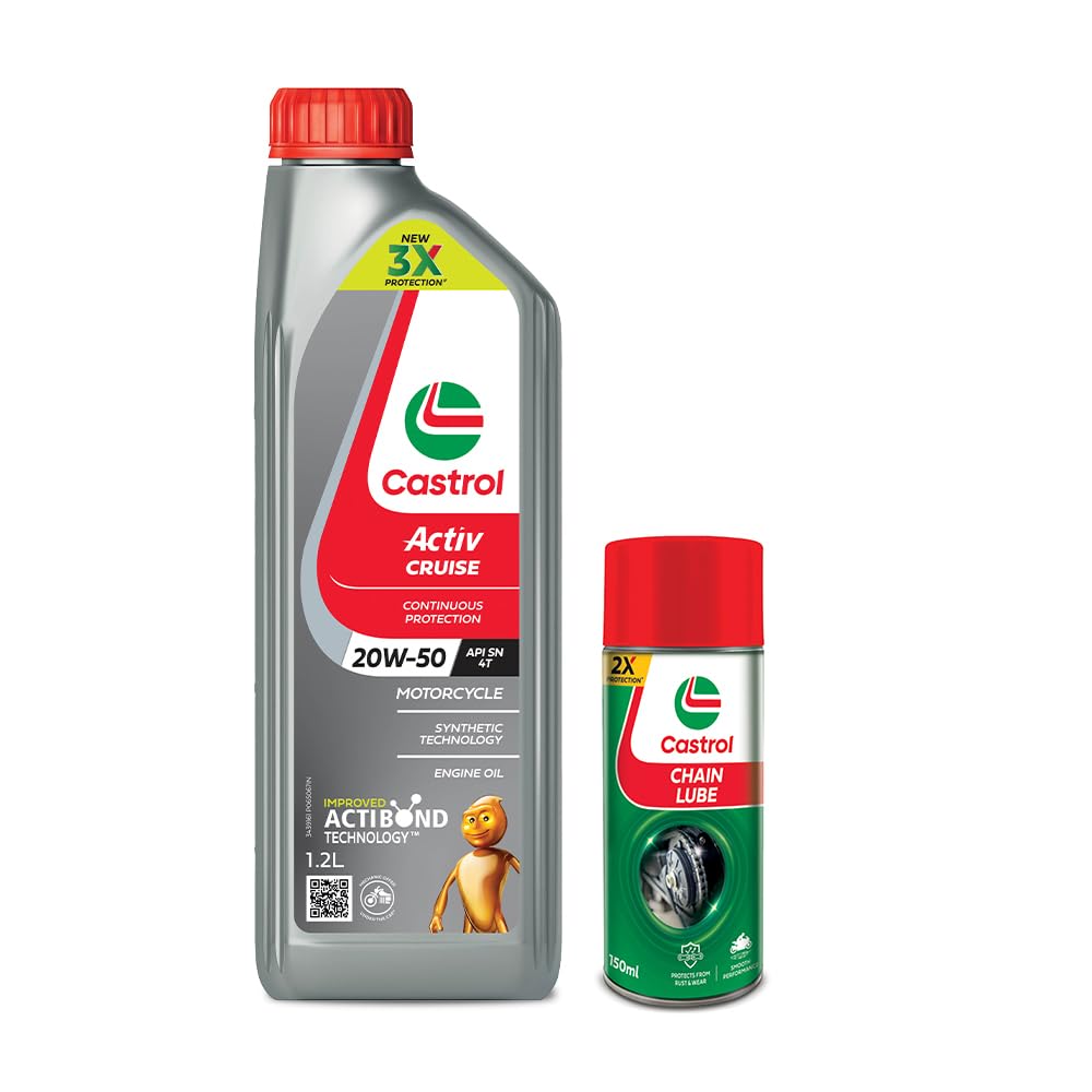 Castrol Activ CRUISE 20W-50 4T Engine Oil with Synthetic Technology for Bajaj Pulsar Bikes (1.2L) |3X Protection with Actibond Technology| API SN and JASO MA2 | With Castrol Chain Lube (105ML)-image-27