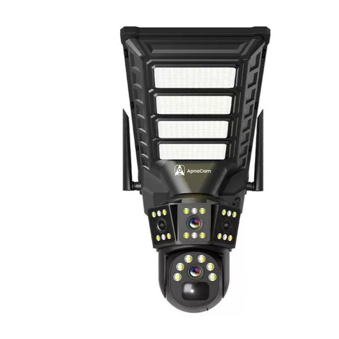ApnaCam 4G Solar Street Light Security Camera Dual‑Lens 5MP+3MP, 6× Zoom, SIM‑Card Ready, Battery‑Powered, Outdoor Surveillance