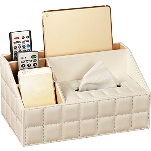 WINGOFFLYÂ® Multifunction Trapezoid PU Leather Tissue Box Holder Desk Storage Box Pen Pencil Remote Control Holder White Square