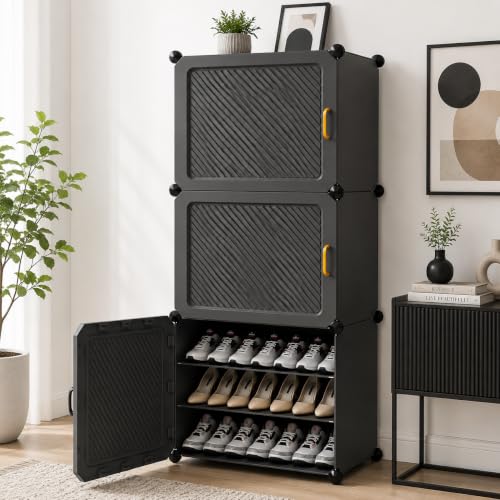 Image of LUHI Premium Modular Plastic Shoe Rack for Home with Door | 9-Tier Stackable Shoe Organizer | Waterproof & Dustproof | Space Saving Storage for Home, Bedroom & Entryway [Grey, 9-Shelf-3-Door]