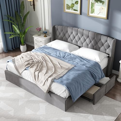 Ctastay Polsterbett Doppelbett 180x200 cm, Bett Familienbett Gästebett mit 4 Stauraum Schubladen & Kopfteil, Jugendbett Stauraumbett mit Lattenrost, Grau, Samt (Ohne Matratze)