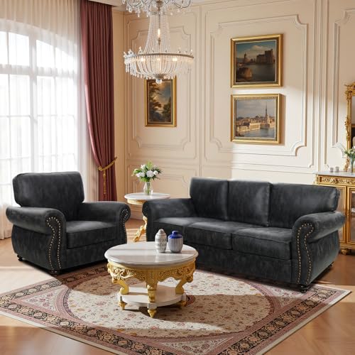Image of Couchus 88 inch W Living Room Furniture Sets, Mid-Century Vintage Faux Leather Sofa and Couch Sets, Loveseat and Sofa Set with Nailhead Trim (Grey, Single+3 Seater)