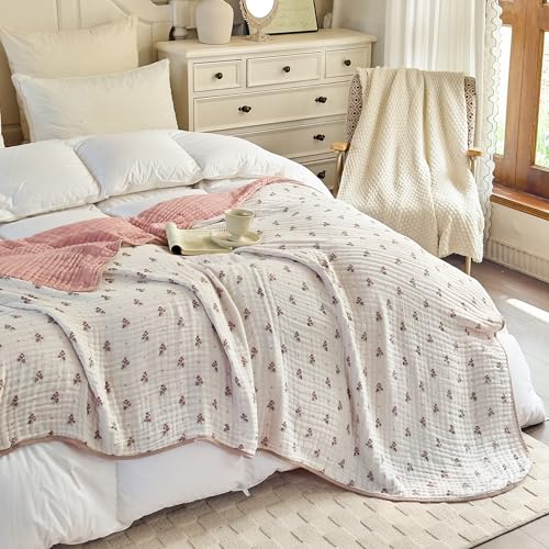 Image of Muslin Throw Blanket 100% Cotton 6-Layer Gauze Red Floral Pattern Cooling Blanket Lightweight Soft Breathable Quilt for All Season Both Sides for Sofa Couch (Floral Red, Throw 50 inchx60 inch)