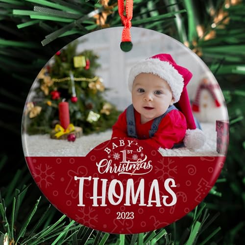 Babys First Christmas 2023, Personalized Photo Ornament, 3 Inches - Round - Upload Photo - Custom W/Name - My First Christmas Photo Baby Ornament, Christmas Ornament for Newborns - D6