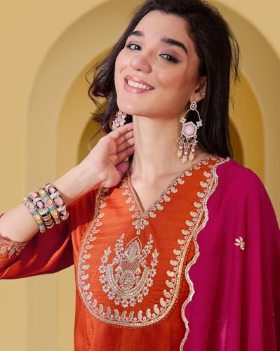 Image of Amazon Brand - Tavasya Women Bitaliyan Zari Sequence Thread Cording Embroidery Kurta Set|Salwar Suit|3 Piece Set