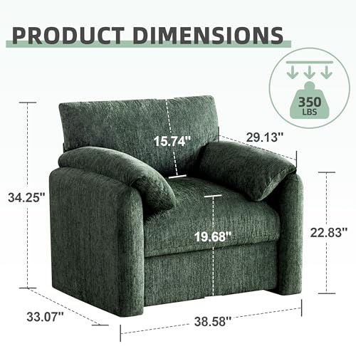 Image of Howjoe Chenille Oversized Armchair, 38.6 inch Wide Accent Chairs for Living Room & Bedroom Modern Lounge Chair, Upholstered Mid-Century Reading Chair, Comfy Living Room Chair, Single Sofa Chair, Green