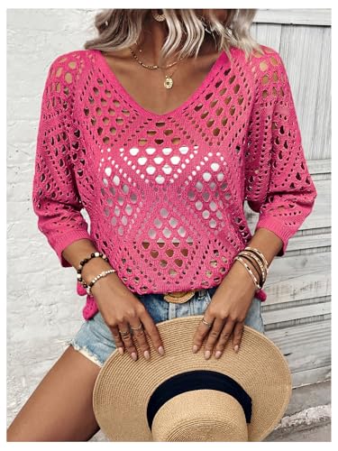 Image of Verdusa Women's Crochet Beach Summer Sweater 3 /4 Length Sleeve Boho Off The Shoulder Tops