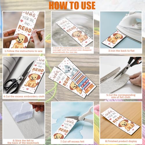 Image of FREEBLOSS 6 Set 11CT Cross Stitch Bookmarks Kit Puppy&Books Stamped Cross Stitch Kit DIY Embroidery Bookmark Set with Instruction for Adults Beginners Gift for Reading Enthusiasts 20x6cm /8x2.4inch