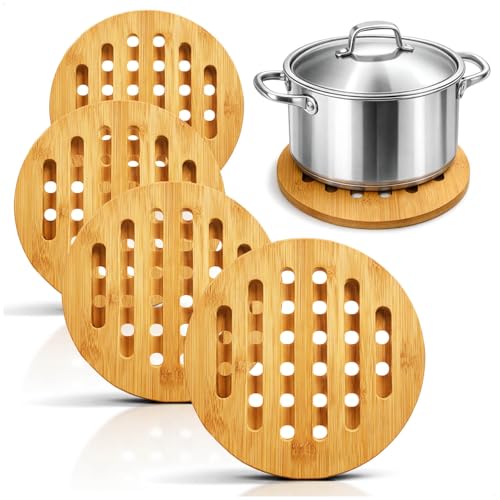 com-four® 4X Dessous de Plat Ronds en Bambou, Protection Thermique Durable pour casseroles, poêles, Plats et Assiettes (4X Bambou - Rond)