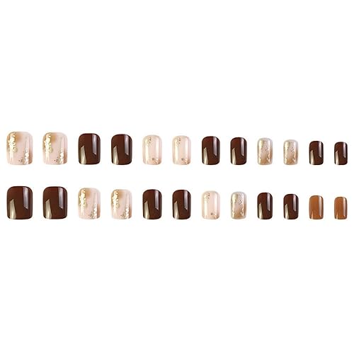 Miniatura 4 de Uñas postizas cortas cuadradas de otoño, color marrón café con diseños de aluminio, uñas acrílicas adhesivas brillantes para mujer, uñas postizas a