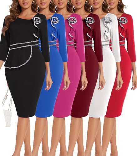 Image of Funeral Church Dresses for Women Formal Long Sleeve Wrap Business Work Dress Vintage Ruched Midi Pencil Dress