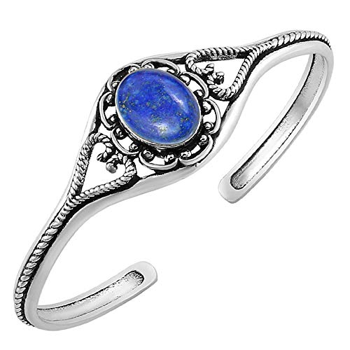Image of Natural Lapis Lazuli Cuff Bangle Bracelet for Women – Handmade Adjustable Vintage Style Jewelry – Blue Gemstone September Birthstone Statement Bangle – Gift for Her