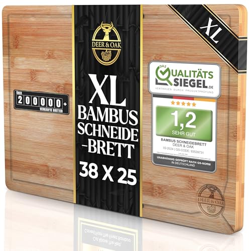 Deer & Oak Schneidebrett Holz – Extra Großes Bambusbrett 38x25x2cm, Vorgeölt & Wasserabweisend, Messerfreundliches Küchenbrett für Fleisch, Gemüse & Brot
