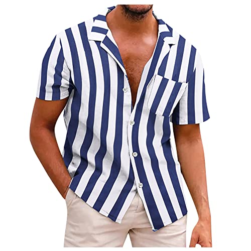 Azruma Herren Henley Shirt Vertikale Streifen Umlegekragen Knopf Kurzarm Hemd mit Taschen Slim Fit Top Gestreift Shirt Freizeit Sommerhemd Basic Herrenhemden Freizeithemd Strandhemd Cover