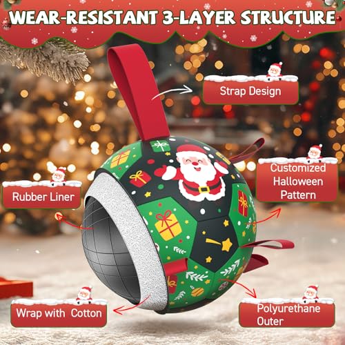 Image of QDAN Christmas Dog Toys: Soccer Ball with Straps for Outdoor Play, Tug of War- Dog Birthday Gift, 8 Inch Balls for Medium & Large Dogs