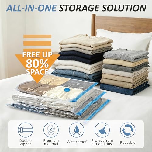 Image of Cozy Essential Vacuum Storage Bags, 80% Compression Vacuum Seal Space Saver Plastic Packaging Bags for Clothes, Blankets, Pillow, Bedding, Comforters, Sealer Clothing Storage,12 Small